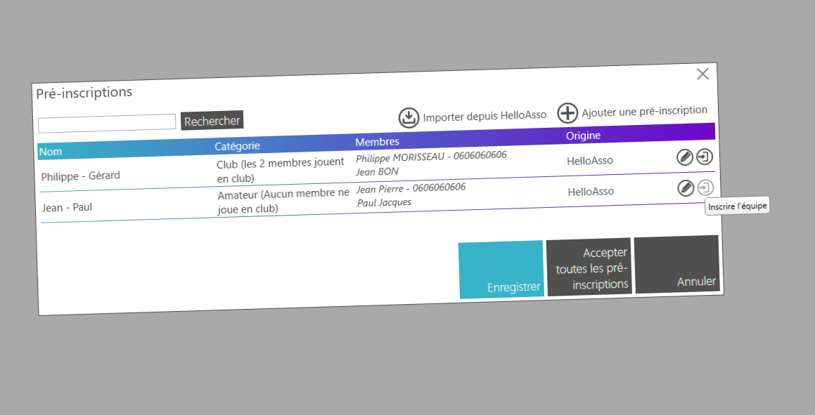 Pointage des équipes